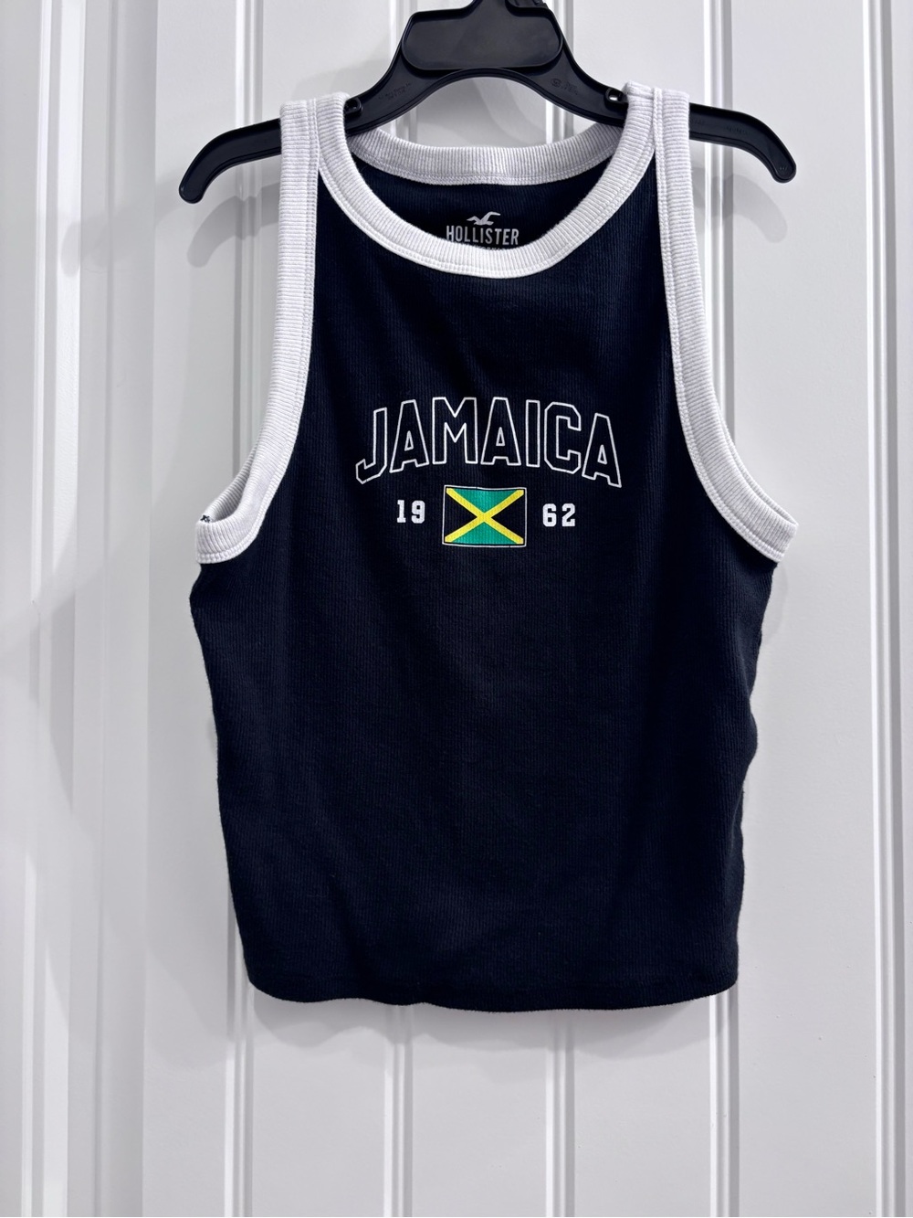 Hollister Navy Tank Top with White Trim and Jamaica Graphic